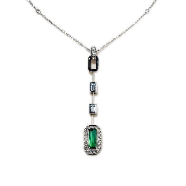 Art Deco Inspired Tourmaline, Enamel, and Diamond Pendant